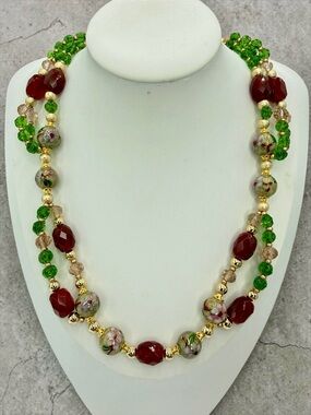Handmade Peridot Carnelian Cloisonné Cluster Necklace 18” Gold w Magnetic Clasp